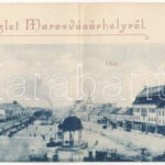 1900 Marosvásárhely, Targu Mures; Fő tér, Dudutz, Fey József, Widder Antal, Bogdánffy István üzlete. 2-részes kinyitható panorámalap / main square, shops. 2-tiled folding panoramacard