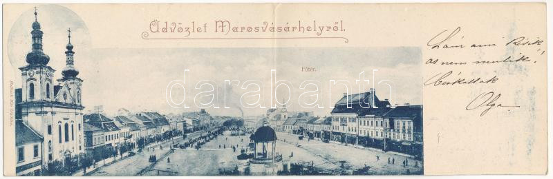 1900 Marosvásárhely, Targu Mures; Fő tér, Dudutz, Fey József, Widder Antal, Bogdánffy István üzlete. 2-részes kinyitható panorámalap / main square, shops. 2-tiled folding panoramacard