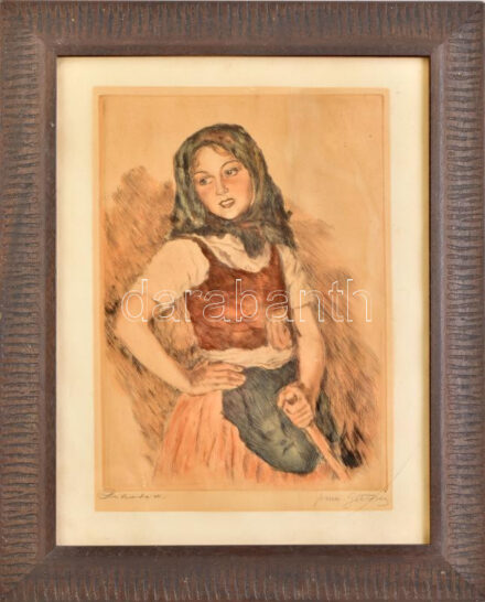 Glatz Oszkár (1862-1958)-Prihoda István (1891-1956): Parasztlányka. Színezett rézkarc, papír, jelzett (Glatz és Prihoda által). Lap jobb alsó sarkában kissé sérült. Dekoratív, üvegezett fakeretben, 33×24 cm