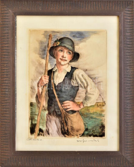 Iványi Grünwald Béla (1867-1940) - Prihoda István (1891-1956) : Legény. Színezett rézkarc, papír, jelzett (Iványi Grünwald és Prihoda által). Dekoratív, üvegezett fakeretben, 33×24 cm