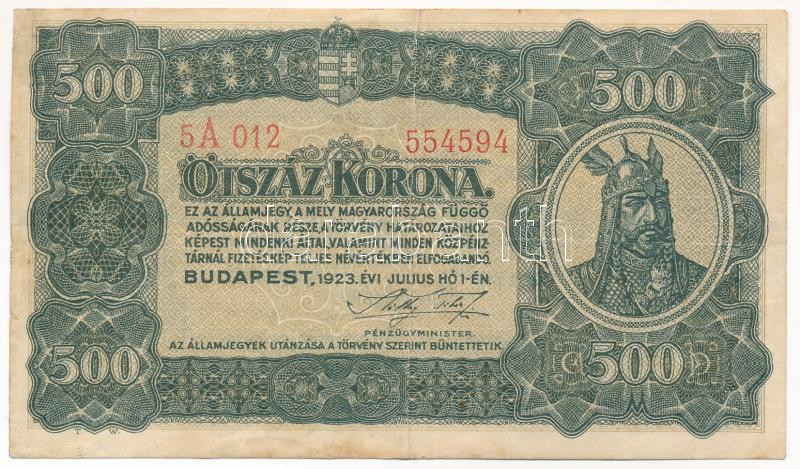 1923. 500K '5A 012 554594' nyomdahely jelölés nélkül T:III folt, apró szakadás Adamo K34/1