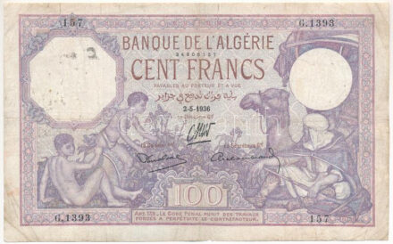 Algéria 1936. 100Fr '157 G. 1393' T:III- ly., kis szakadás Algeria 1936. 100 Francs '157 G. 1393' C:VG hole, small tear Krause P#81