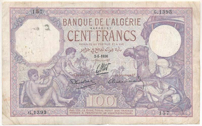 Algéria 1936. 100Fr '157 G. 1393' T:III- ly., kis szakadás Algeria 1936. 100 Francs '157 G. 1393' C:VG hole, small tear Krause P#81