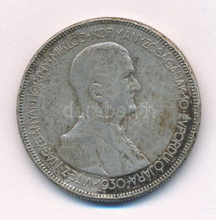1930. 5P Ag 'Horthy jobbra' hajas T2- patina Adamo P8