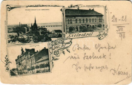 1898 (Vorläufer) Szolnok, részlet a református templommal, M. kir. pénzügyigazgatóság, Szapáry utca, Schlesinger Zsigmond üzlete. Szigeti fényképész Art Nouveau, floral (EB)
