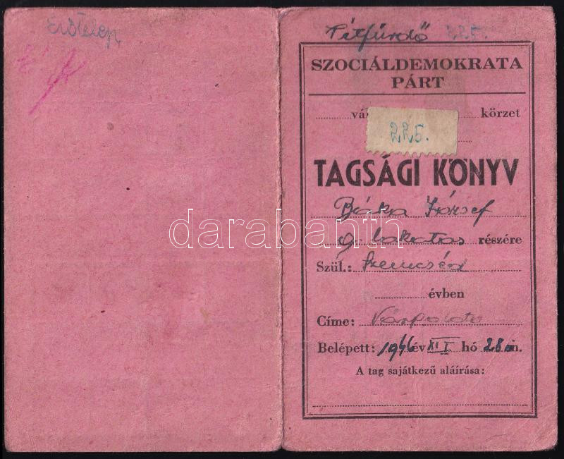 1946 Szociáldemokrata Párt tagsági könyv tagsági bélyegekkel