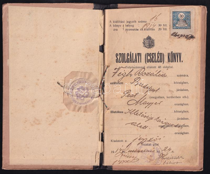 1914 Szolgálati cselédkönyv bejegyzésekkel