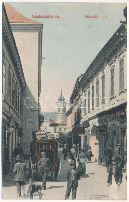 1913 Székesfehérvár, Kossuth utca, Kiss Antal férfi szabó, Németh Sándor és Kováts Pál üzlete, postakocsi, 'A sebes hajtás TILOS!' rendőrségi tábla a házfalon