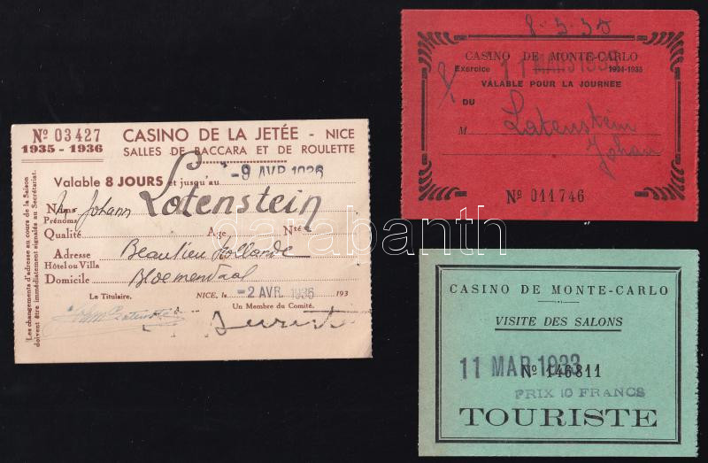 cca 1930 3 db Monte Carlo casino belépőjegy