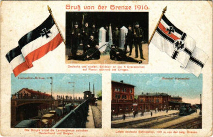 1916 Gruss von der Grenze! Herbesthal Brücke und Bahnhof, Deutsche und niederl. Soldaten / Német-Belga határ katonákkal, vasútállomás, vonatok, zászlók / German-Belgian border with soldiers, railway station, trains, flags (EK)