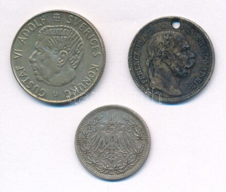 Vegyes: Német Birodalom 1905A 1/2M Ag + 1915KB 1K Ag 'Ferenc József' (ly.) + Svédország 1965. 1K Ag 'VI. Gusztáv Adolf' T:2-3 Mixed: German Empire 1905A 1/2 Mark Ag + Hungary 1915KB 1 Korona Ag 'Franz Joseph' (holed) + Sweden 1965. 1 Krona Ag