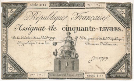 Franciaország 1792. 50L 'Assignata' T:III,III- szakadások France 1792. 50 Livres 'Assignata' C:F,VG tears Krause A72