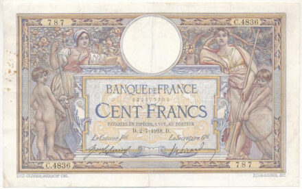 Franciaország 1918. 100Fr '787 C.4836' T:III,III- hajtás mentén szakadás, tűlyukak France 1918. 100 Francs '787 c.4836' C:F,VG tear along foldline, pinholes Krause P71