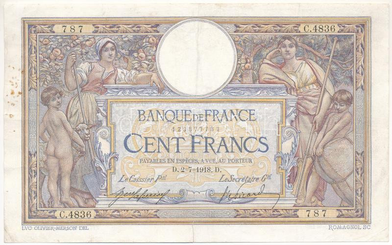 Franciaország 1918. 100Fr '787 C.4836' T:III,III- hajtás mentén szakadás, tűlyukak France 1918. 100 Francs '787 c.4836' C:F,VG tear along foldline, pinholes Krause P71