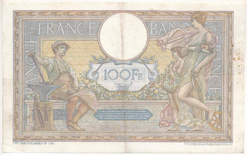 Franciaország 1918. 100Fr '787 C.4836' T:III,III- hajtás mentén szakadás, tűlyukak France 1918. 100 Francs '787 c.4836' C:F,VG tear along foldline, pinholes Krause P71 - Image 2