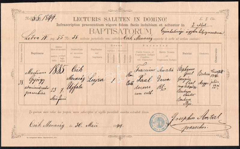 1899 Csíkmenaság (Armăseni), Erdély, latin nyelvű keresztlevél, hajtott, jó állapotban