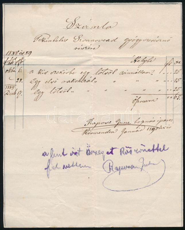1890 Körmend, számla gyógyszerésznő részére