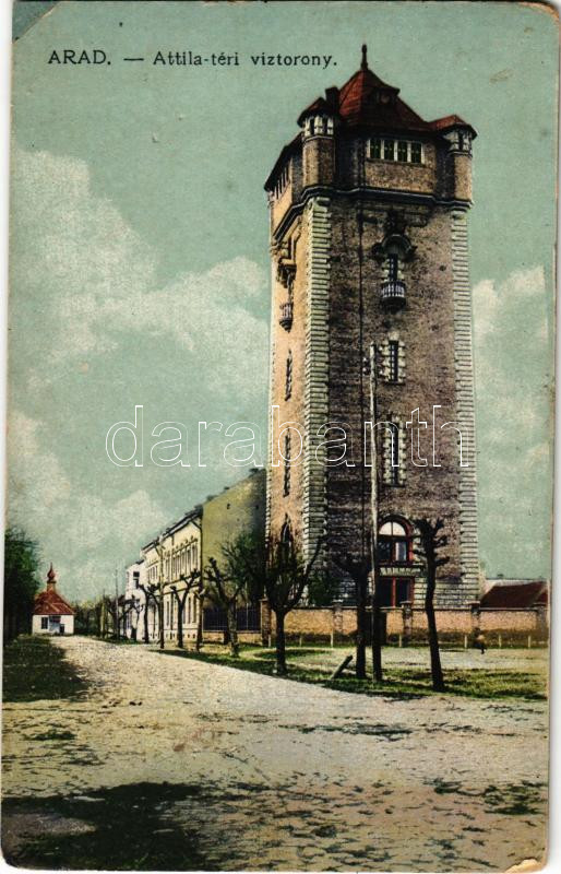 1918 Arad, Attila téri víztorony. Vasúti levelezőlapárusítás 2026. 1917. / water tower (r)