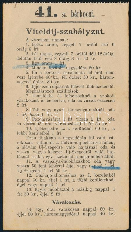 1893 Szeged, 41. sz. bérkocsi viteldíj-szabályzat, 15x8 cm