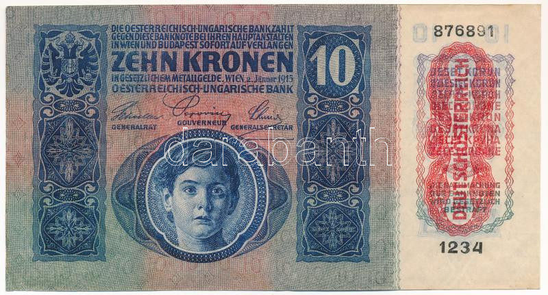 1915. 10K '1234 876891' piros 'DEUTSCHÖSTERREICH' felülbélyegzéssel T:III szép papír Adamo K11