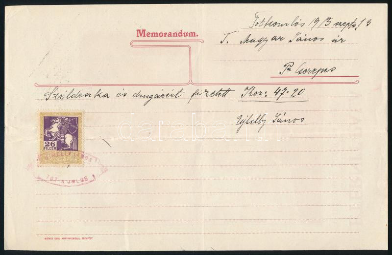 1913 Tótkomlós, Hatschek Lajos Eternit-pala reklámlap hátoldalára írt nyugta, 26 f illetékbélyeggel