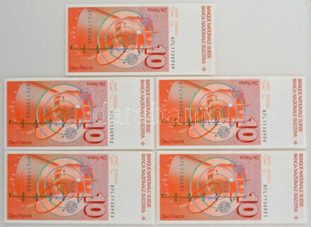 Svájc 1987. 10Fr (5db) sorszámkövetők '87L1130949 - 87L1130953' T:II Switzerland 1987. 10 Francs (5pcs) consecutive serials '87L1130949 - 87L1130953' C:XF Krause P#53