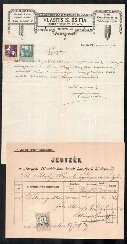 1881-1915 Szeged, jegyzék a 'Szegedi Hiradó'-ban közölt hirdetésről, 15+1 kr okmánybélyeggel + 2 db fejléces számla
