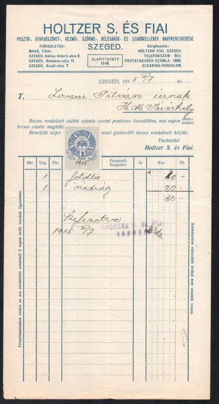 1881-1915 Szeged, jegyzék a 'Szegedi Hiradó'-ban közölt hirdetésről, 15+1 kr okmánybélyeggel + 2 db fejléces számla - Image 2