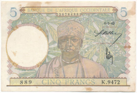 Franciaország 1942. 5Fr '889 K.9472' T:II,II- fo., kis anyaghiány France 1942. 5 Francs '889 K.9472' C:XF,VF spotted, small missing material Krause P#25
