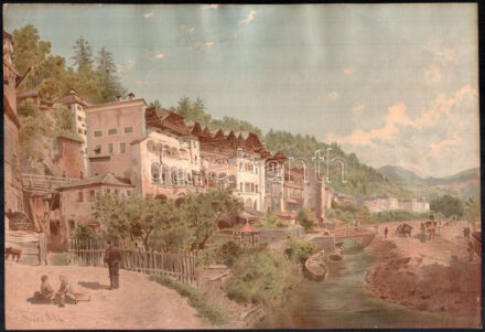 Franz Alt (1821-1914) festménye után: Stein, Ausztria (Salzburg környéke). Kromolitográfia, papír, jelzett a kromolitográfián, hajtásnyomokkal, 26x38,5 cm
