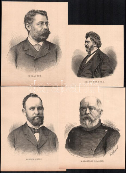 cca 1870-1900 25 db portré magyar és külföldi híres személyekről (Csiky Gergely, Berczik Árpád, Bismarck, Ráday Gedeon honv. miniszter, Perczel Mór, Zichy Jenő, Ybl Miklós stb.) rotációs fametszet, papír, részben jelzett a