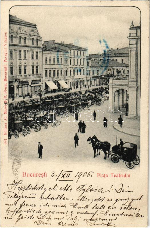 1905 Bucharest, Bukarest, Bucuresti, Bucuresci; Piata Teatrului / Theatre Square, horse-drawn carriages, shops (EK)