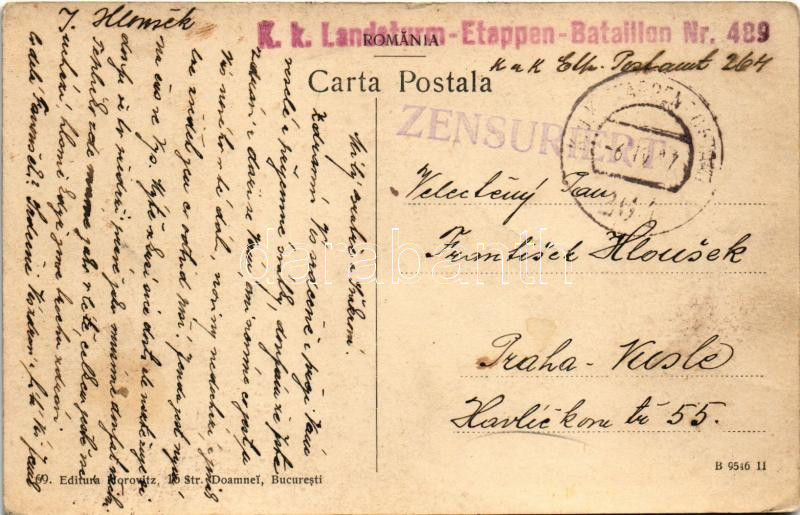 1917 Busteni, Valea Alba / valley, bridge, man with bicycle, villa + 'K.k. Landsturm-Etappen-Bataillon Nr. 489.' (EK) - Image 2