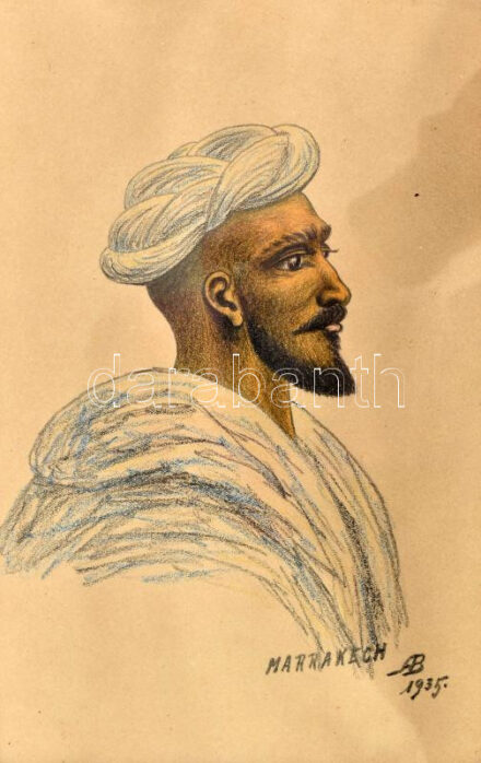 AB jelzéssel: Marrákesi portré, 1935. Ceruza, papír. Üvegezett, kopott fakeretben. 24x15,5 cm