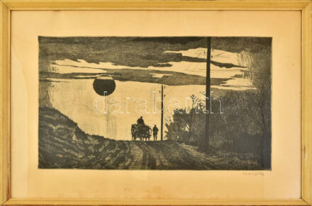 Kádár György (1912-2002): Alkony. Rézkarc, papír, jelzett. Lap széle kissé foltos. Üvegezett fakeretben. 30x49 cm