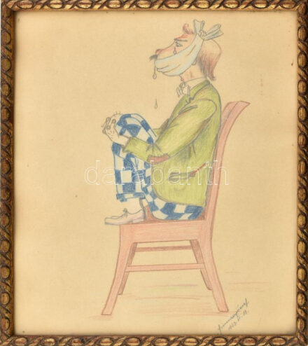 Olvashatatlan jelzéssel (Szinnyei József?): A fogfájós, 1943. Ceruza, papír. Üvegezett, dekoratív fakeretben. 30x24 cm