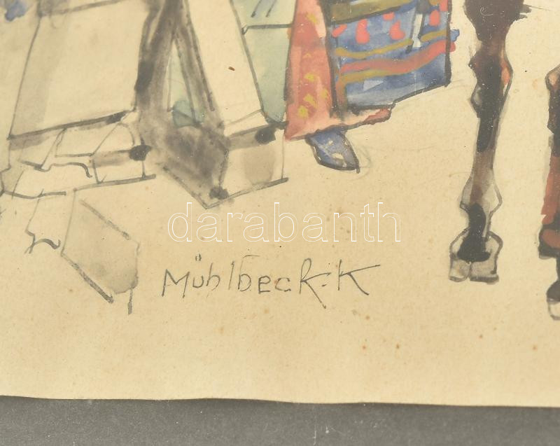 Mühlbeck Károly (1869-1943): Huszár és a menyecske. Akvarell, tus, papír, jelzett. Dekoratív, üvegezett, sérült fakeretben, 20x13,5 cm - Image 2