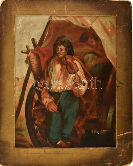 Krisztiáni István (1881-?): Cigány muzsikus, 1894. Akvarell, papír, jelzés nélkül, hátoldalán a festő családtagjának ajándékozási soraival. Kissé sérült. Sérült, korabeli paszpartuban. 32x25 cm