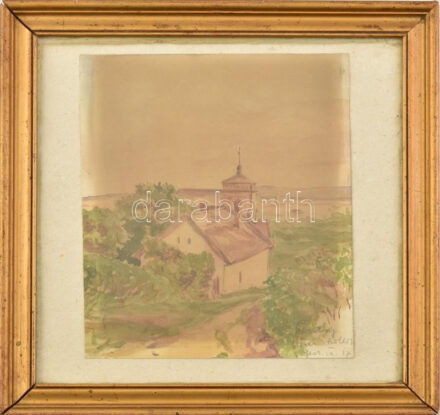 Olvashatatlan jelzéssel (P... István). Dombos táj. Akvarell, papír. Üvegezett fakeretben. 26x22 cm