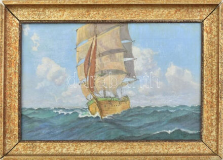 P. Lagey jelzéssel: Vitorlás. Olaj, vászon, dekoratív fakeretben. 24x36 cm