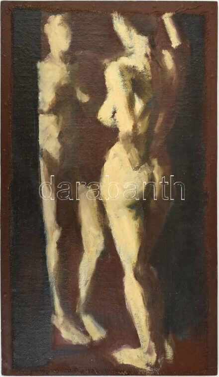Olvashatatlan jelzéssel (hátoldalán). Álló női akt. Olaj, vászon, farostra kasírozva. 56x35 cm
