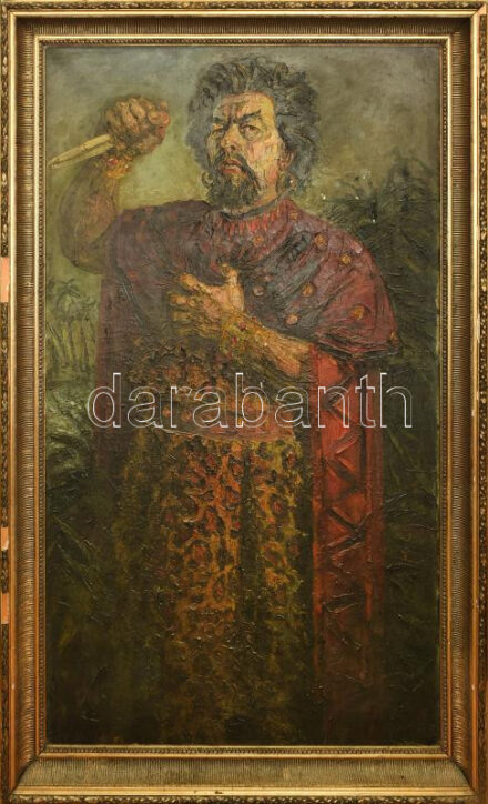 Jelzés nélkül: Jelenet a Hamletből. Olaj, vászon. Kisebb felületi sérülésekkel. Dekoratív, sérült fakeretben. 140x80 cm. KIZÁRÓLAG SZEMÉLYES ÁTVÉTEL, NEM POSTÁZZUK! / ONLY PERSONAL COLLECTION AT OUR OFFICE!