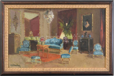 Burchard-Bélaváry István (1864-1933): Enteriőr. Olaj, karton, jelzett. Kissé sérült. Dekoratív fakeretben, 20×33 cm