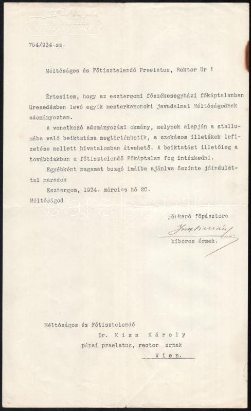 1934 Esztergom, Serédi Jusztinián (1884-1945) bíboros adományozó okirata dr. Kiss Károly, a bécsi Pázmáneum rektora részére, saját kezű aláírásával, hajtva