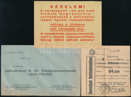 1937 M. kir. állami sorsjáték, 2 db reklámnyomtatvány, borítékkal + elismervény (nyugta)