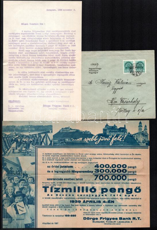 1939 Dörge Frigyes Bank Rt. osztálysorsjáték, 2 db reklámnyomtatvány + levél, borítékkal - Image 2