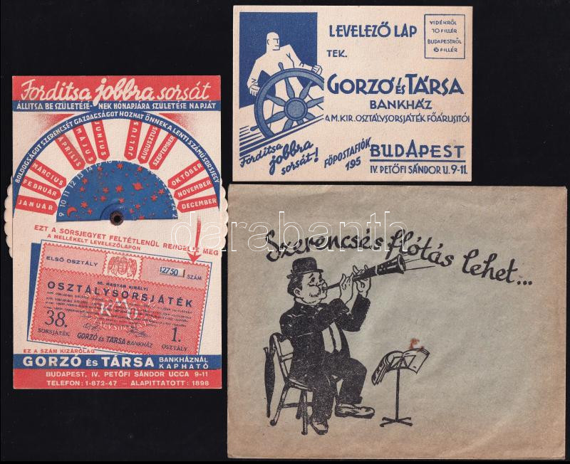 cca 1930-1940 Gorzó és Társa sorsjáték, 2 db reklámlap, az egyik forgatható 'szerencsekerékkel', borítékkal