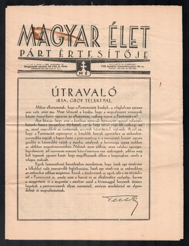 1939 Magyar Élet Párt értesítője, I. évf. 1. sz. (induló szám), 1939. szept. 15. A címlapon gróf Teleki Pál írásával. Bp., Pallas-ny., 8 p.