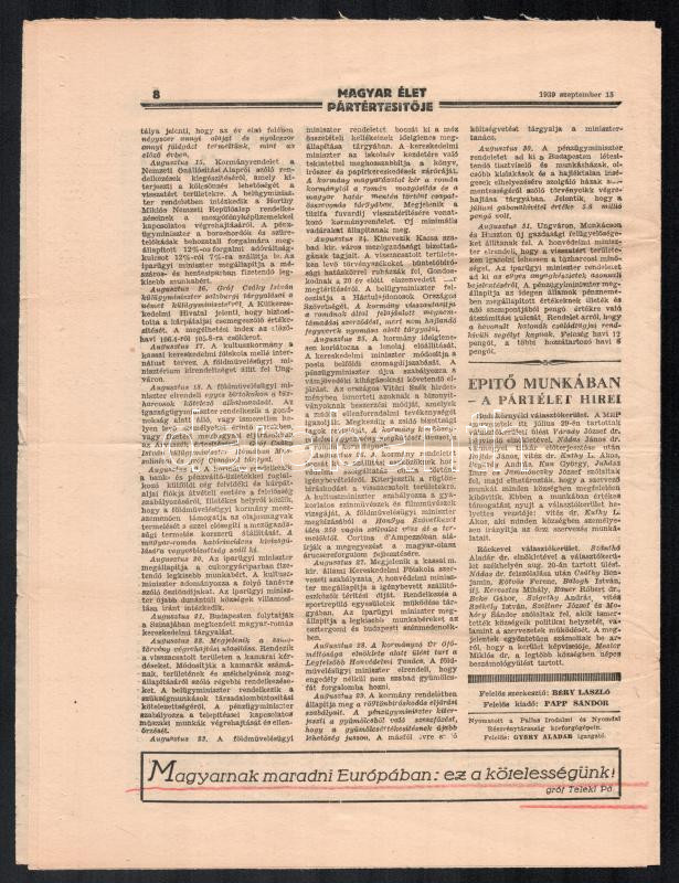1939 Magyar Élet Párt értesítője, I. évf. 1. sz. (induló szám), 1939. szept. 15. A címlapon gróf Teleki Pál írásával. Bp., Pallas-ny., 8 p. - Image 2