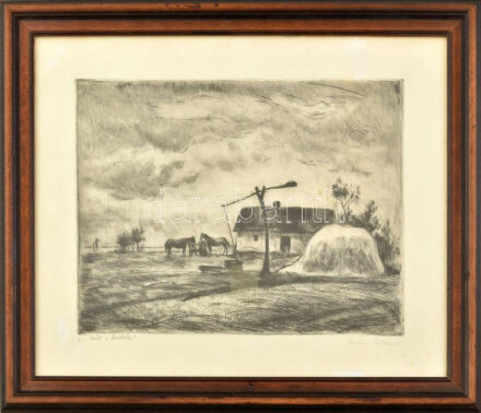 Iván Szilárd (1912-1988): '... kint a pusztán'. Rézkarc, papír, jelzett, lap széle kissé foltos, üvegezett fakeretben, 29×39 cm.
